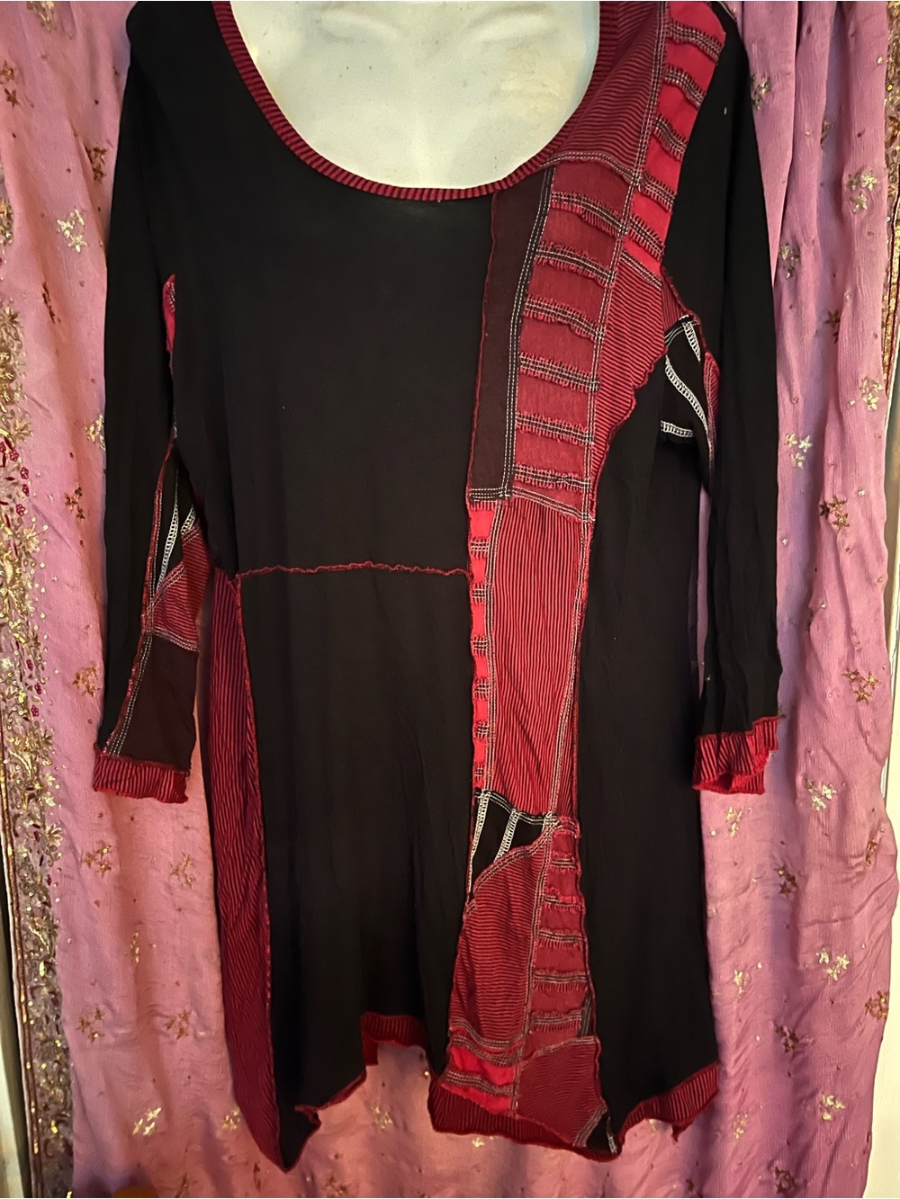 Parsley & Sage Black Tunic with Deep Red Patchwork Accents